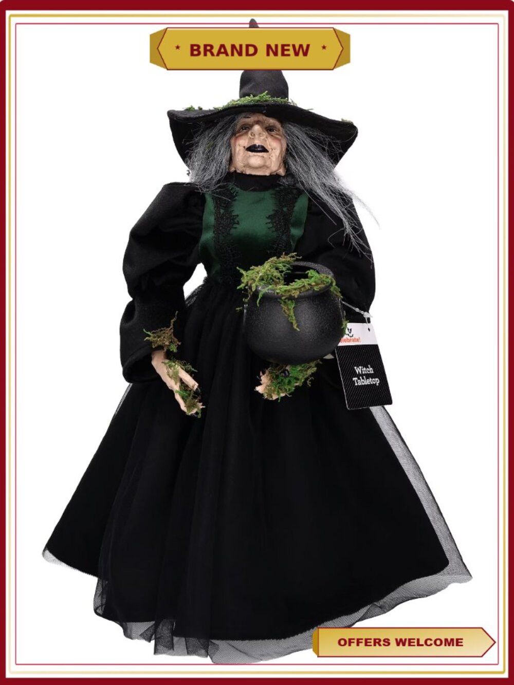 Witch Figurine with Moss Cauldron Decoration 17.5" Halloween
